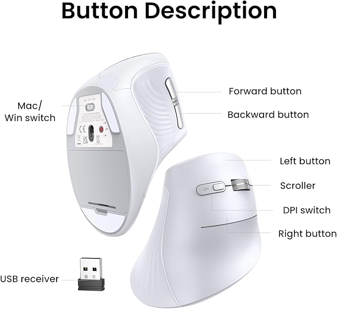 UGREEN – MU008 Vertical Mouse, Dual Mode Bluetooth & Wireless Mouse, Silent Click, 4000DPI