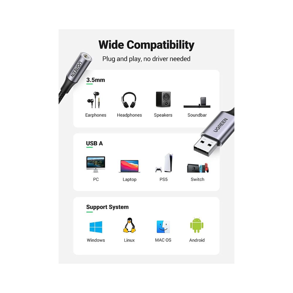 UGREEN Sound Card Adapter USB to 3.5mm Audio Jack USB A