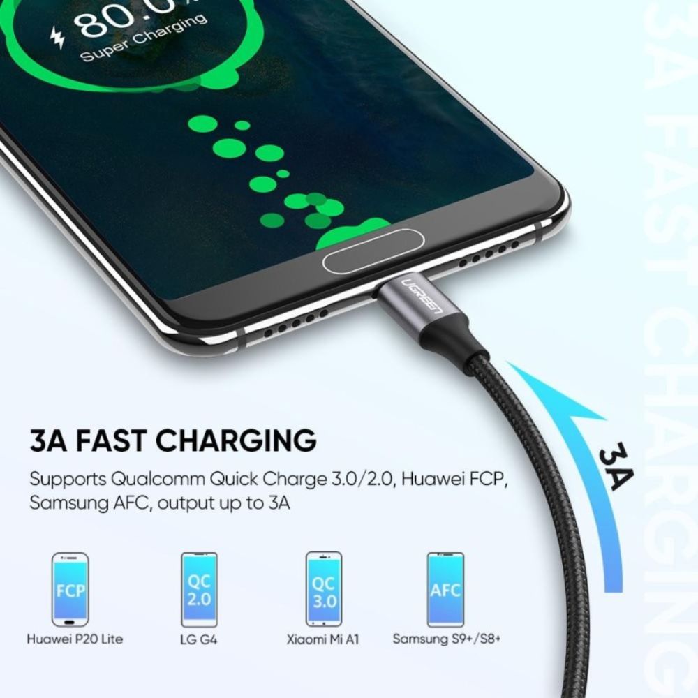 UGREEN USB-A to Angled USB-C Braided Cable Fast Charge 2M