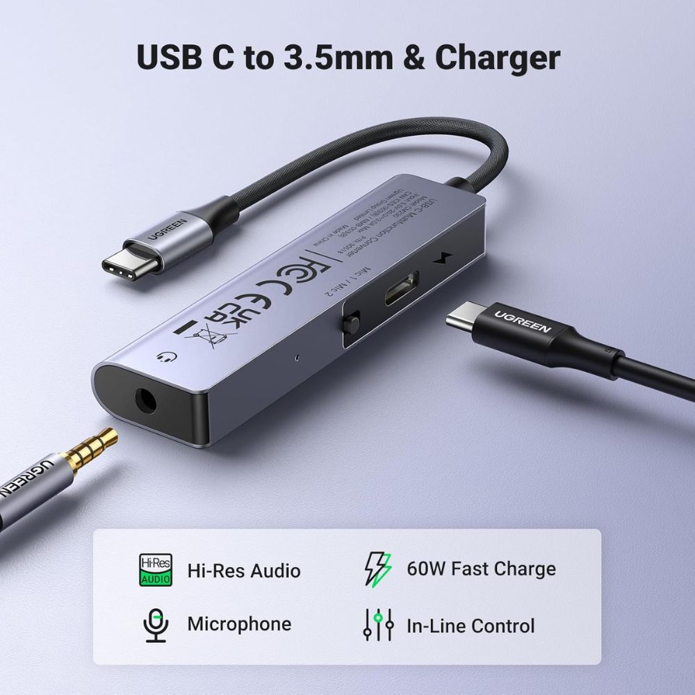 UGREEN USB C to 3.5mm Headphone &amp; USB-C Charging Port Built-In Microphone