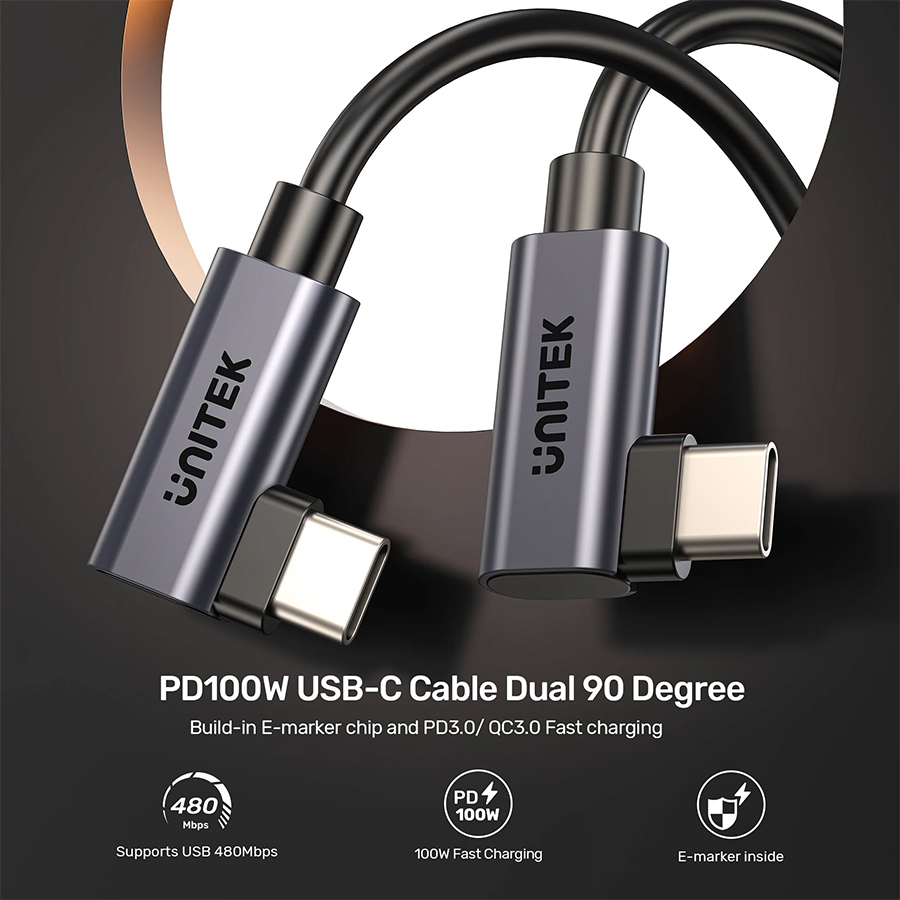 Unitek PD 100W USB-C Cable Dual 90 Degree 1M
