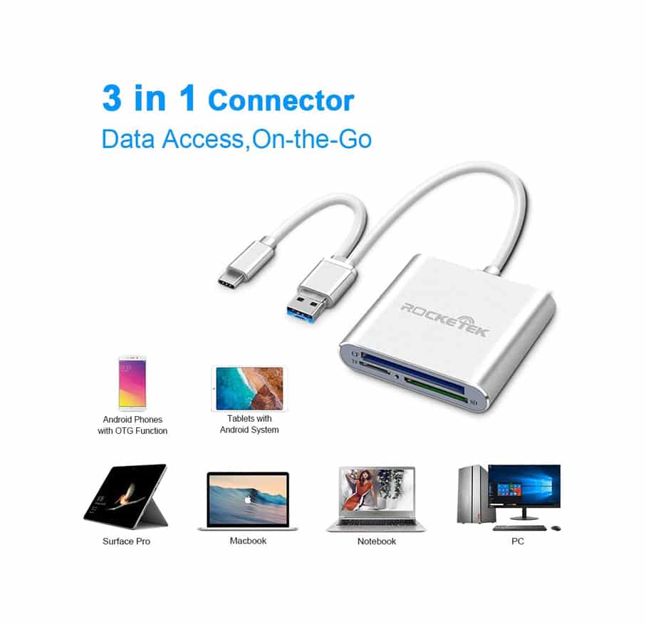 USB C CF Card Reader, CF Card Reader 3-in-1 Micro USB to USB Type-C