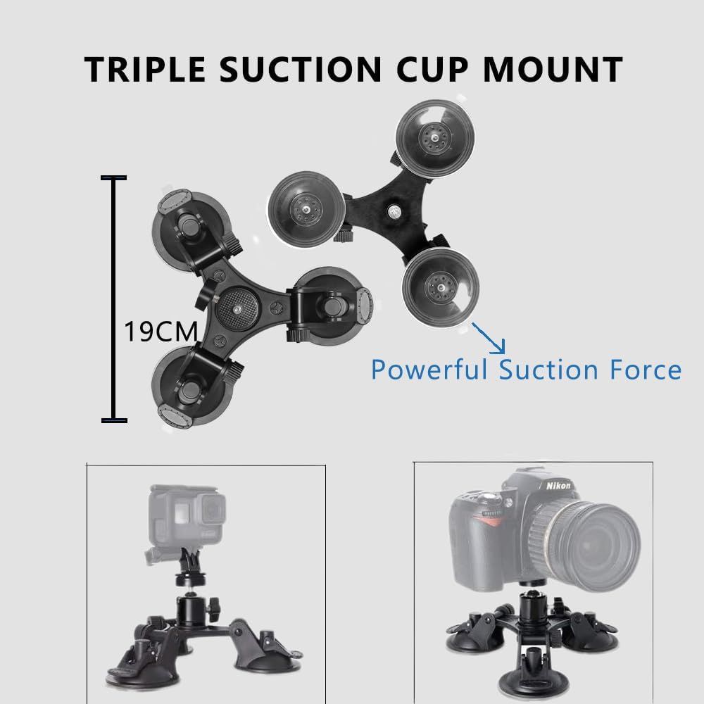 WELYOK Triple Suction Cup for Car For Gopro and Insta360