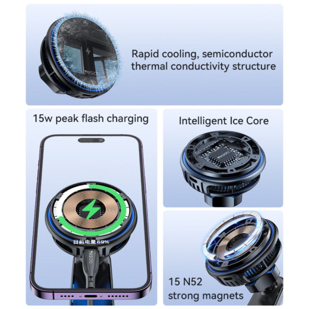 Yesido C311 Semiconductor Cooling Dual Ambient Lighting 15W Fast Charging Wireless Charger Car Phone Holder